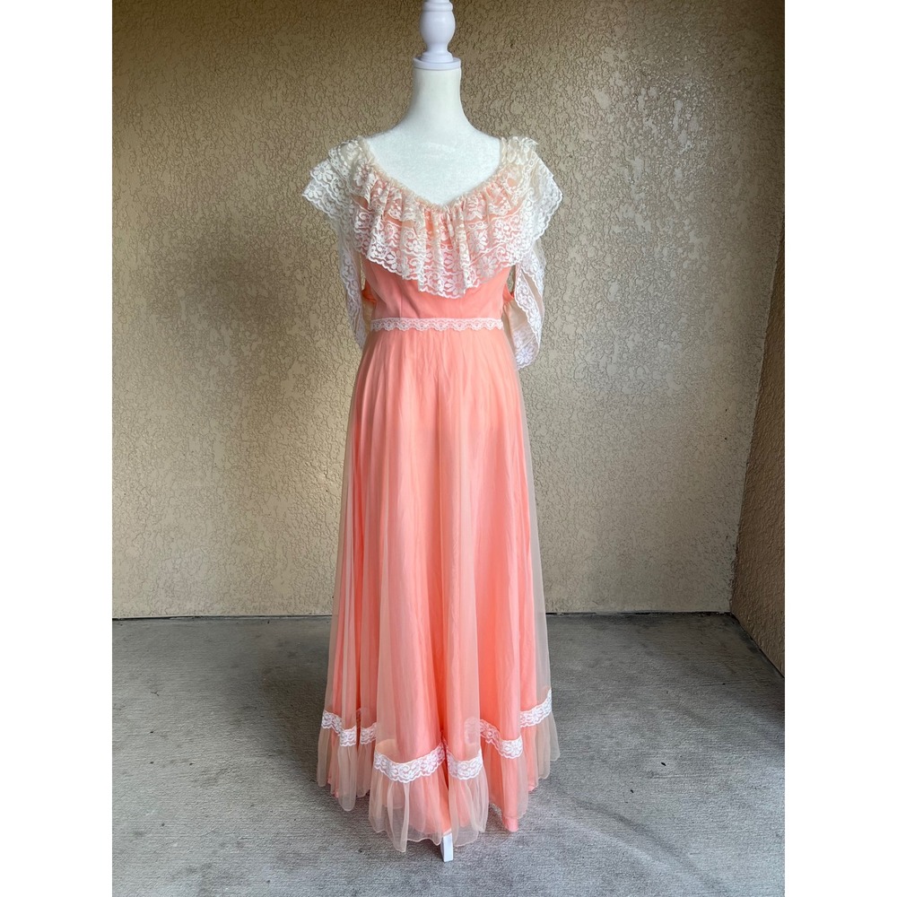 Vintage 1970s Peach Tulle Lace Maxi Dress Ruffle Formal Gown Rosette Accent S